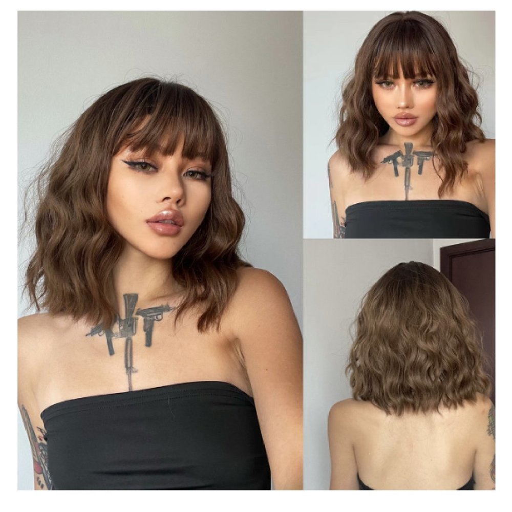 Bob Style Wigs Wavy Brown Hair with Bangs Neck Length